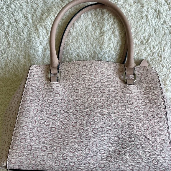 GUESS Blush Pink Allover Logo Monogram Satchel Hand Bag Purse - Picture 5 of 13